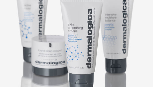 Full group of Dermalogica moisturisers on blue background