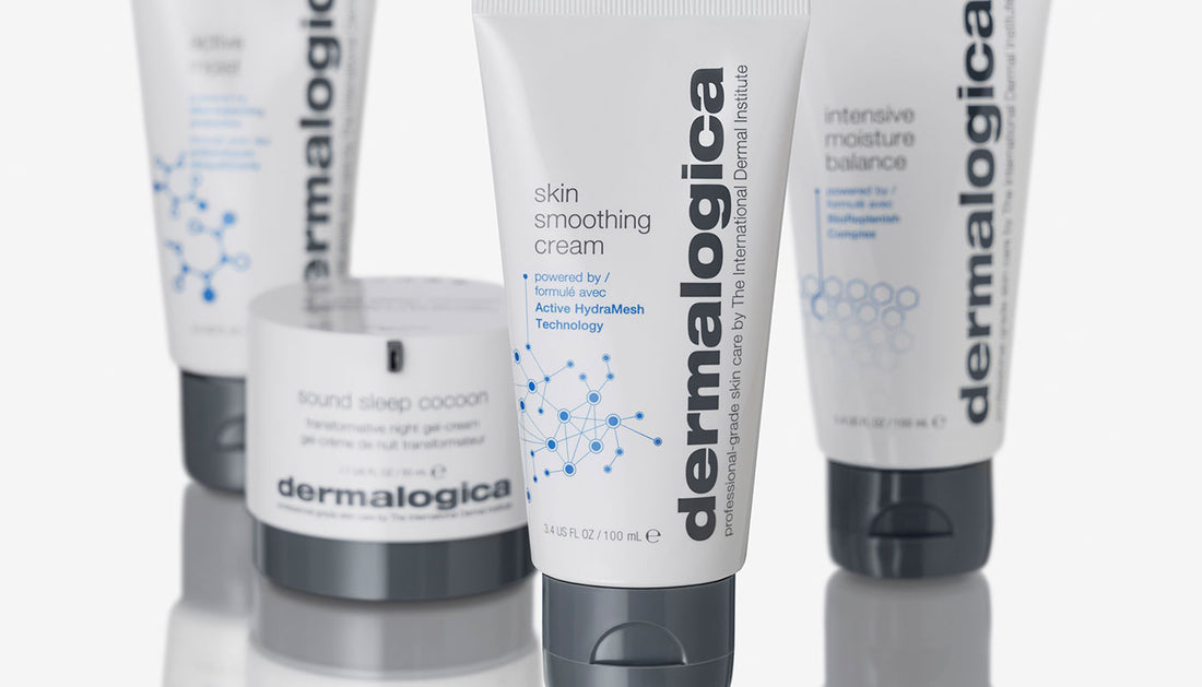 Full group of Dermalogica moisturisers on blue background