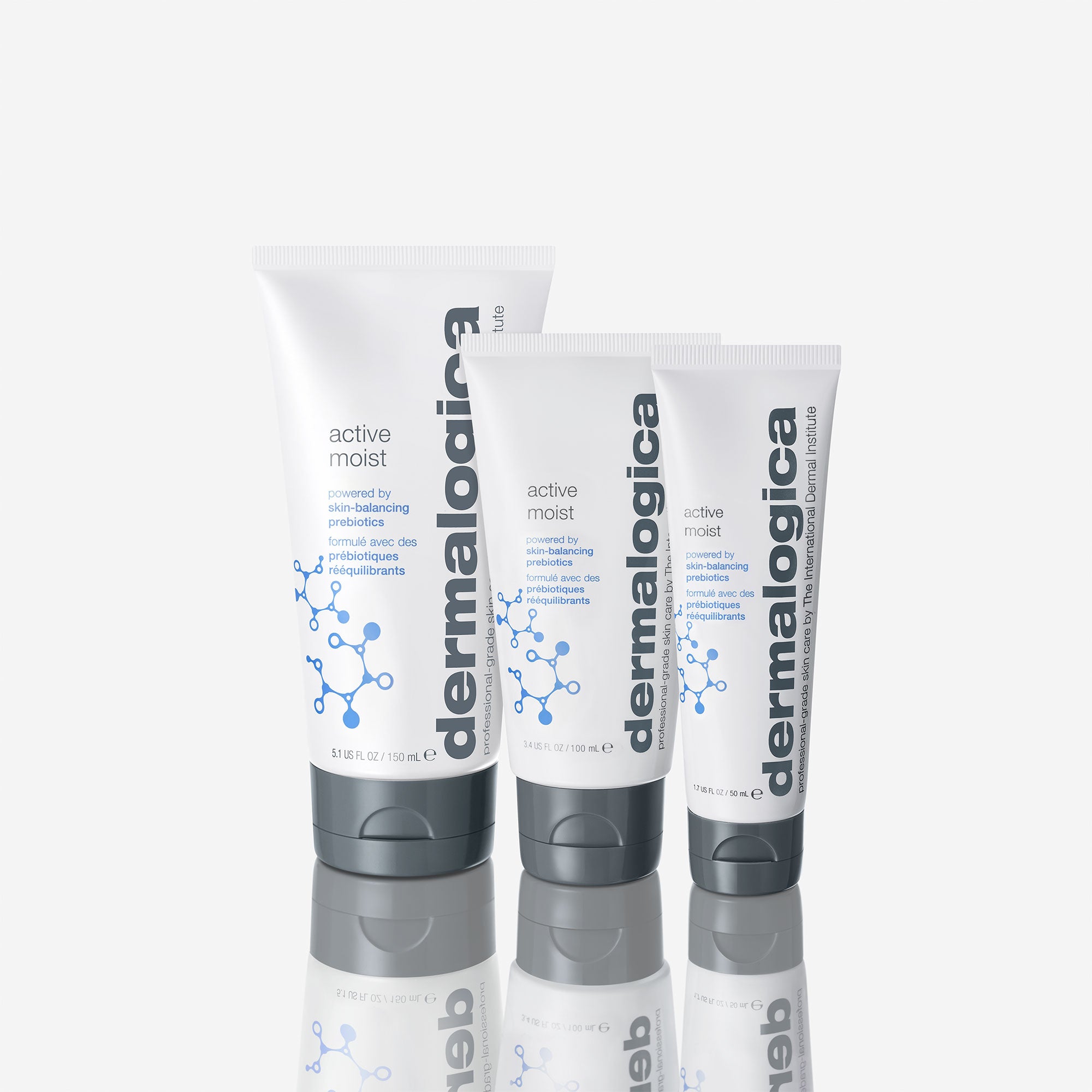 Active moist product bottle sizes next to each other.