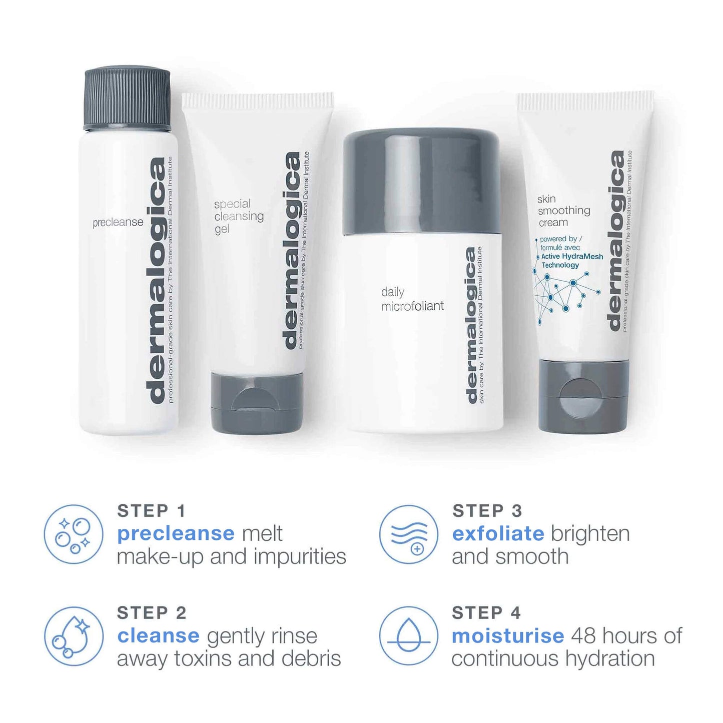 Discover healthy skin kit products with steps. 1, Precleanse melt make-up and impurities. 2, cleanse gently rinse away toxins and debris. 3, exfoliate bright and smooth. 4, moisturise 48 hours of continuous hydration.